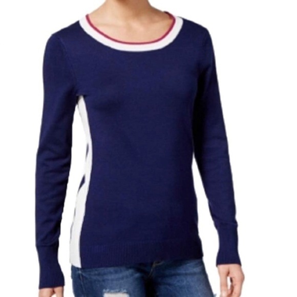 Hippie Rose Women's Juniors Scoop Neck Side Stripe Sweater in Navy Combo Size L - Picture 1 of 6